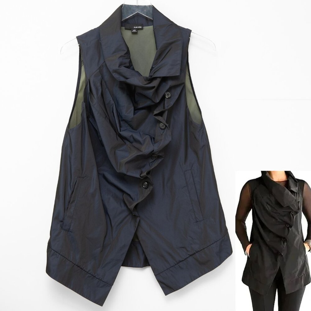 Sun Kim Jenny Vest Asymmetrical Ruched Lightweight Lagenlook Navy Blue Size XS